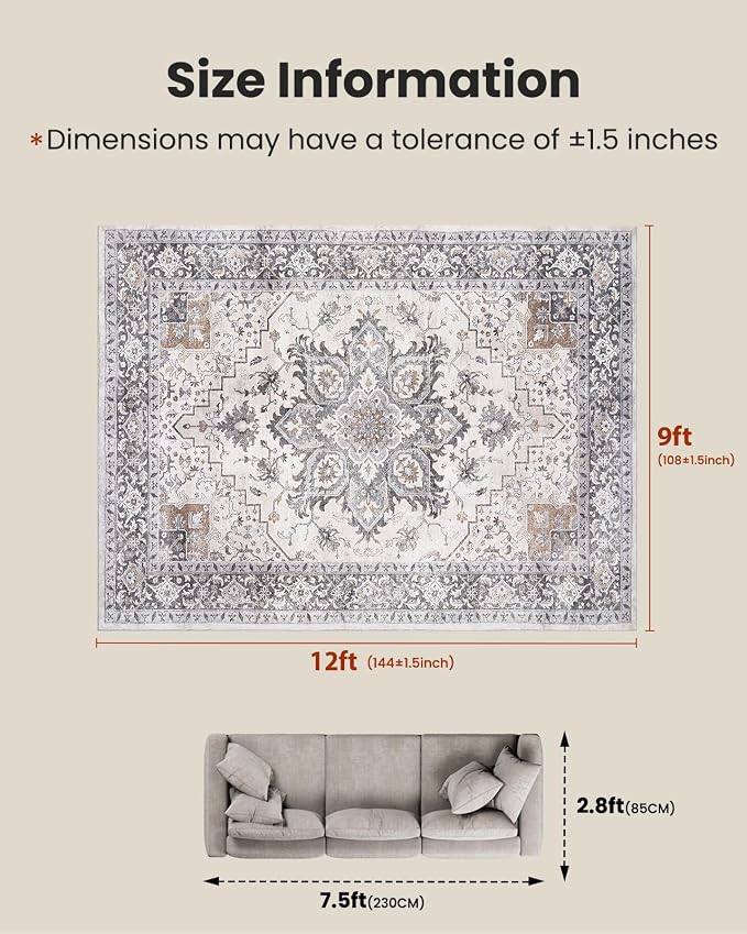 AMADA HOMEFURNISHING 9x12 Washable Area Rug, Low-Profile Large Area Rug with Non-Slip Backing & Durable Edge Binding, Vintage Large Rugs for Living Room, Bedroom & Dinning Room
