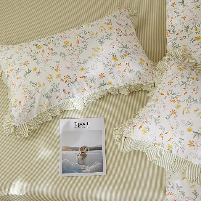 mixinni 100% Cotton Duvet Cover Set Full, Reversible Spring Floral Ruffle Green Striped Bedding for Girls, French Country Cottagecore Aesthetic 3PC Duvet Cover with Zipper Closure & Pillowcases