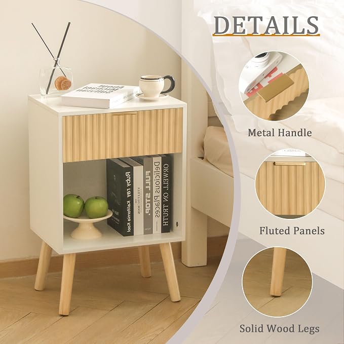 Fultyle Night Stand with Charger Station, Modern Wood Nightstand with Drawer and Outlet, Fluted Bedside Table End Table with Solid Wood Legs for Bedroom, Living Room, Office (White Oak)