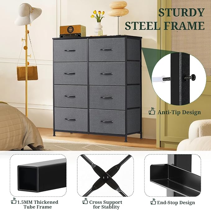 8-Drawer Dresser for Bedroom, Anti-Tip Tall Storage Organizer | Chest of Drawers with Wooden Top and Metal Frame Fabric Bins for Closet, Living Room, Hallway, Entryway, Gray
