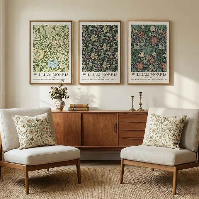Large Framed Rustic Green William Morris Floral Wall Art, Set of 3 | Vintage, Canvas prints, Botanical artwork, 30x60 inch, Living room, Bedroom, Dining room, Hallway decor