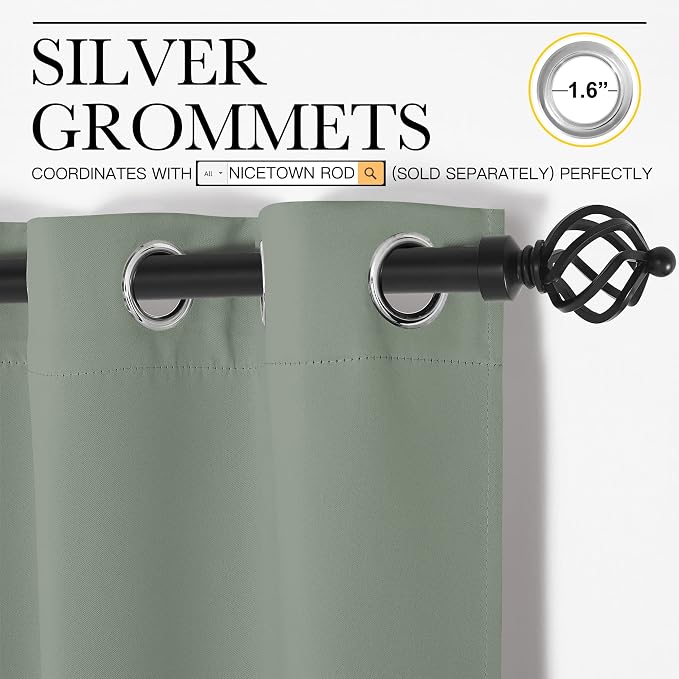 NICETOWN Sage Green Blackout Curtains for Bedroom 34" w x 63" L 2 Panels | Thermal Insulated Solid Grommet Draperies Drapes, Light Blocking Room Darkening Noise Reducing for Kitchen Living Room Decor