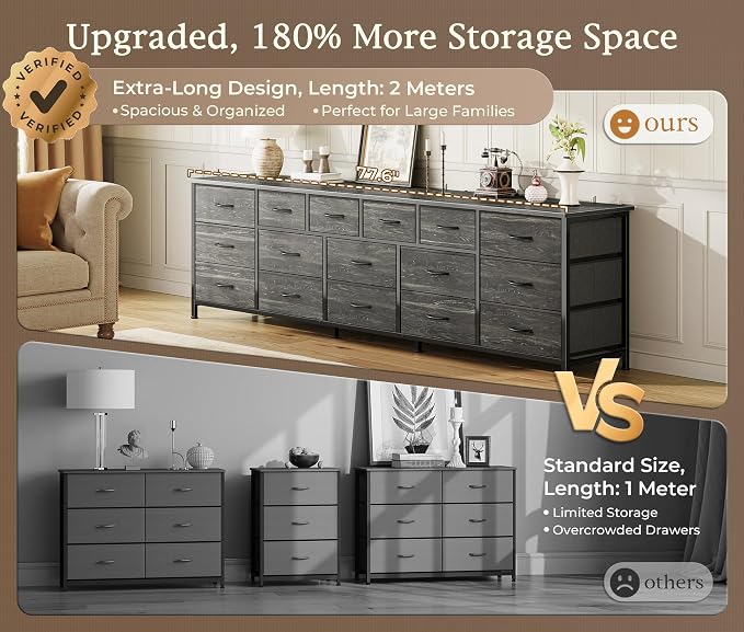 Huuger 77.6" Long Dresser for Bedroom, 16 Drawer Fabric Dresser for Closet, Wide Chest of Drawers with Storage, TV Stand for 65, 75, 85 Inch TV, 77.6" W x 13" D x 26.4" H, Charcoal Black
