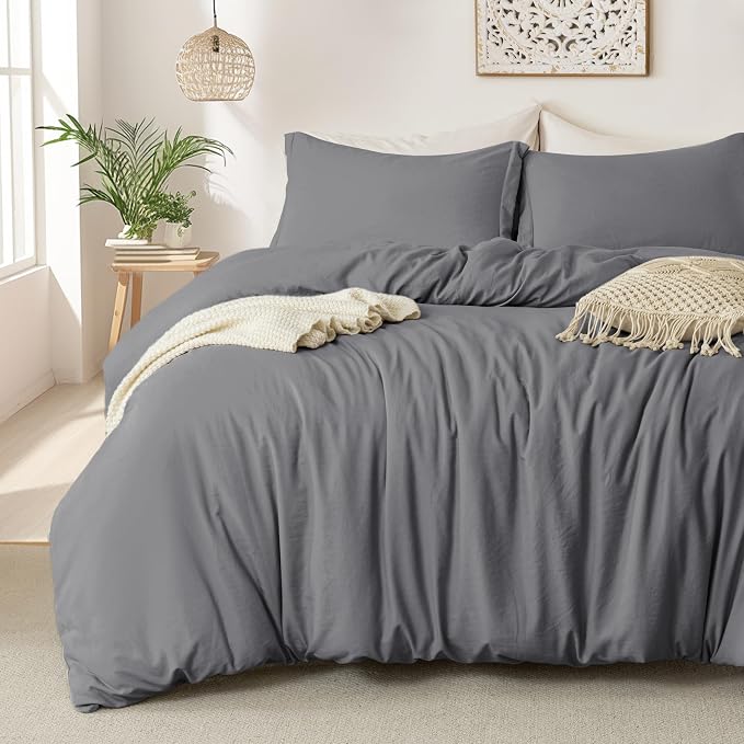 MILDLY Duvet Cover Queen Ultra Soft Comforter Cover Set 3pcs, Dark Grey | Washed Microfiber Cotton-Like, Breathable Comfort, Hidden Zipper, Corner Ties, OEKO-TEX Certified, Fade Resistant