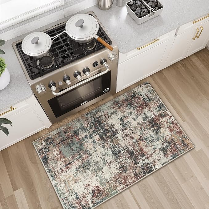 Rugflix 2x3 Entrance Rugs, Washable Rust Brown Green Entry Rug | Machine Washable; Stain-Resistant; Low Pile; Non-slip; Modern Abstract; Black Carpet for Entryway Kitchen Hallway Home