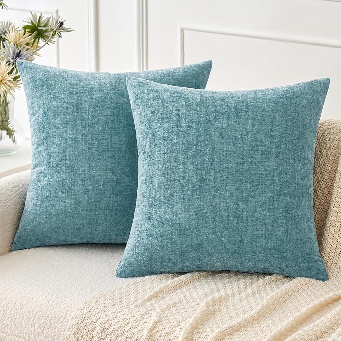 MIULEE Soft Chenille Throw Pillow Covers Smoke Blue 20x20 Inch Pack of 2 | Modern Coastal Home Decor, Classic Decorative Pillows, Solid Dyed Cases, Boho Couch Cushion Covers for Sofa Bed Living Room