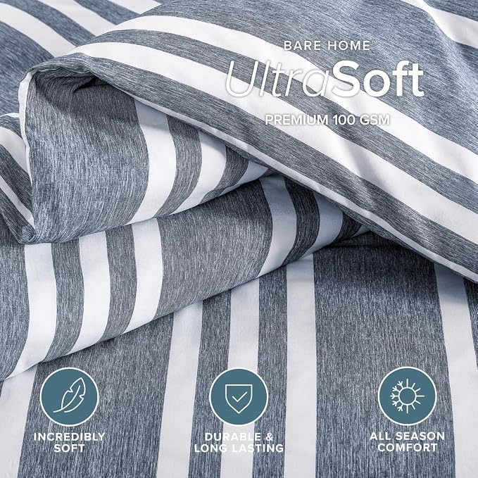 Bare Home Duvet Cover Set (Cal King, Stripe - Heathered Midnight Blue) | 1800 Ultra-Soft, Lightweight, Cooling, Breathable, Premium, All-Season