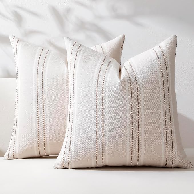 Hckot Striped Throw Pillow Covers 18x18 Set of 2 Taupe Pillow Covers | Farmhouse Decorative Pillows Textured Linen Square Cushion Covers for Sofa Couch Bed Living Room Decor(Taupe)