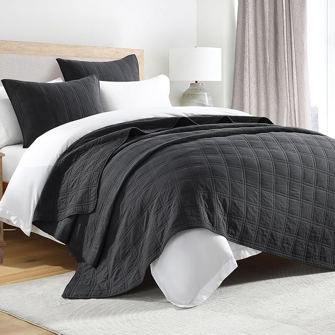 HORIMOTE HOME 100% Cotton Quilt Set Twin Size, Charcoal Pre-Washed Bedspreads Coverlet Set in Geometric Pattern, Cozy Lightweight Stitching Decorative Bedding Cover with 1 Sham for All Season