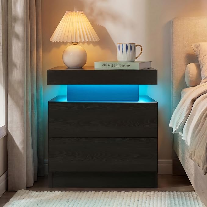 i-aplus LED Nightstand with Wood 2 Drawers Modern Bedside Table for Bedroom | Nightstands with App-Controlled RGB LED Lights, Night Stand with Storgae Drawer, Modern Bedside Table for Bedroom