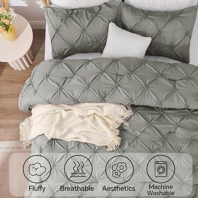 BEDELITE Queen Comforter Set Grey,Lightweight & Soft Comforter | Pintuck Boho Bedding, Warm & Cute Bed Set for All Season,With 2 Pillowcases
