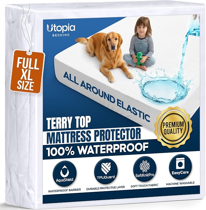 Waterproof Full XL Size Mattress Protector fits Upto 15" deep Mattresses | Utopia Bedding 200 GSM Soft & Breathable Mattress Cover, Dirt-Proof, Noiseless, Machine Washable Fitted Sheet Style, White