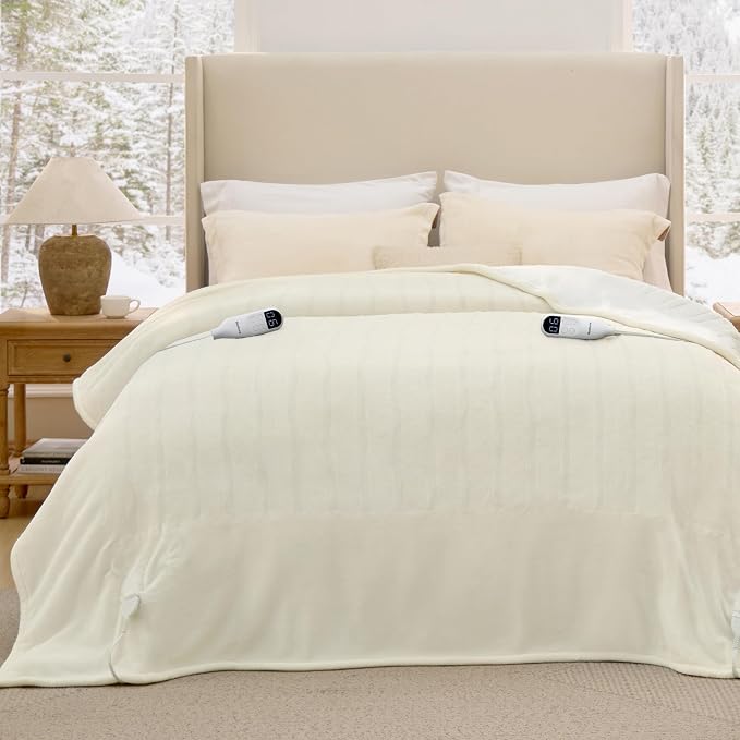 Bedsure Heated Blanket King Size, Dual Control Electric Blanket, Ivory | Preheat Function,6 Heat/6 Timer Settings, 8H Auto Shut-Off, ETL/FCC, Soft Flannel Sherpa, Machine Washable, 84x90in