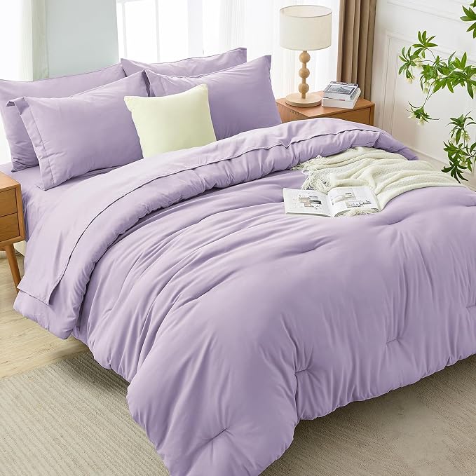 7 Pieces King Comforter Set, Soft Bed in a Bag King Size, All Season Bedding Set with Comforter, Flat Sheet, Fitted Sheet, Pillowcases & Shams, Lavender