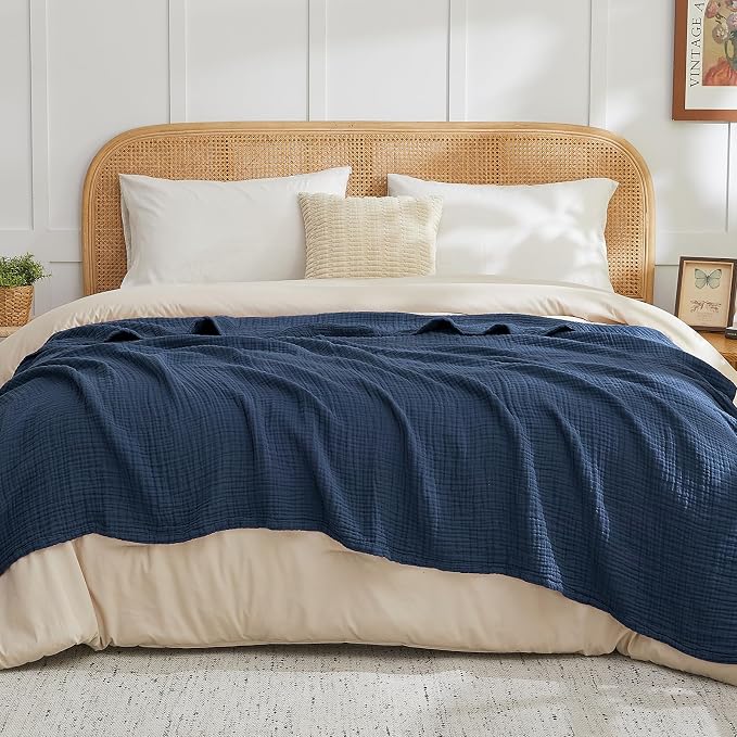 EMME Cotton Muslin Throw Blanket 4 Layer for Adults, Lightweight Breathable Gauze Blanket, Soft All Season Couch Blanket for Couch Bed Travel (Navy, 50"x60")