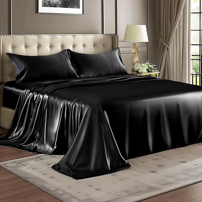 BEDELITE Satin Sheets Full XL Size Bed Set, Black, 4 Pieces | Luxury Silky Bed Sheets, 15 Inch Deep Pocket, Similar to Silk, Soft and Cooling, Reduces Friction, Gentle on Hair and Skin