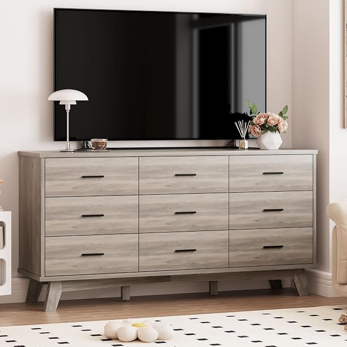 Xixini Dresser for Bedroom, 9 Drawer Wide Modern Chest of Drawers with X-Shaped Sturdy Base, Wood Double Dresser Closet Clothes Storage Organizer, Wooden TV Stand for Living Room, Hallway, Grey