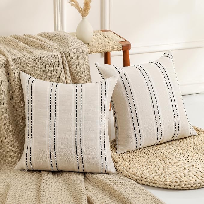 Hckot Black Striped Throw Pillow Covers 20x20 Set of 2 Boho Pillow Covers | Textured Linen Decorative Pillowcase Square Cushion Covers for Bed Couch Sofa Living Room Boho Farmhouse Home Decor