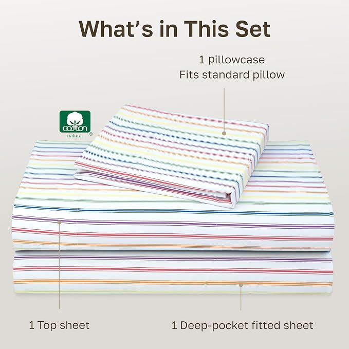 California Design Den Soft 100% Cotton Sateen Twin Size Bedsheets Set, 3 Pc | 400 Thread Count Backed by Good Housekeeping Seal, All-Around Elastic, Durable, Easy Care - Rainbow Stripe Print