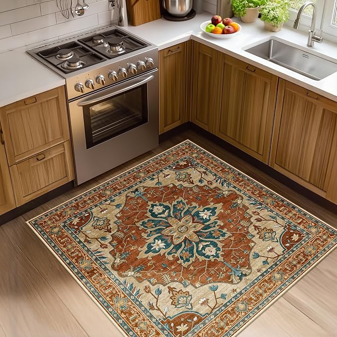 RELEANY Washable Area Rug, Square 4'x4', Red/Orange/Blue/Brown | Non-Slip, Water Repellent, Pet Friendly, Easy to Clean, Vintage Floral Boho Decor for Living Room Bedroom Entry Office