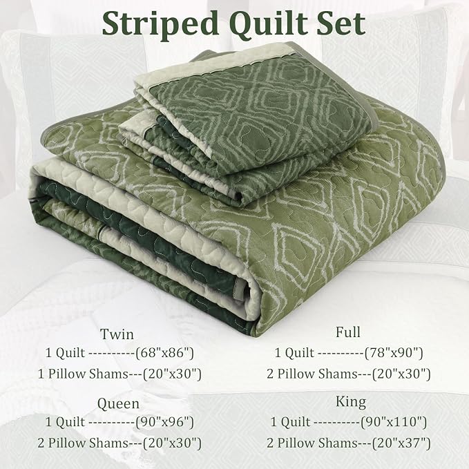 Cottolester Sage Green Quilt Set Queen,3 Pcs Summer Striped Bedspread Set | Lightweight Summer Fresh Green Patchwork Coverlets Set with 2 Pillowshams,Soft Microfiber Quilt Bedding Sets 110"x90"