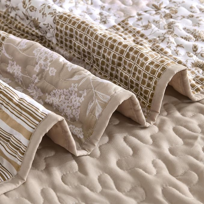Mybedsoul Boho Quilts Queen Size, Beige Patchwork Floral Bedding Set | Soft Lightweight Microfiber Coverlet Set, 3 Pieces Plaid Reversible Bedspread, Bed Sets for All Seasons 96"x90"