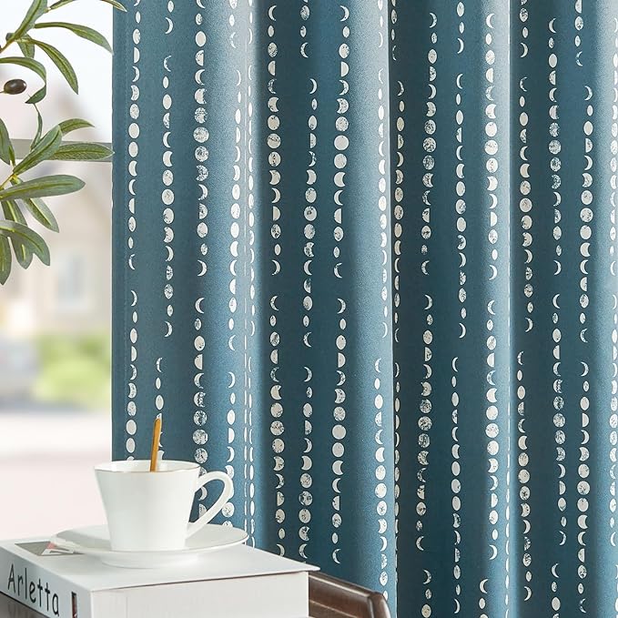 jinchan Boho Blackout Curtains 84 Inches Long Moon Phase Printed Drapes | Blue Farmhouse Curtains for Bedroom Living Room Back Tab Drapes Room Darkening Window Treatments 2 Panels