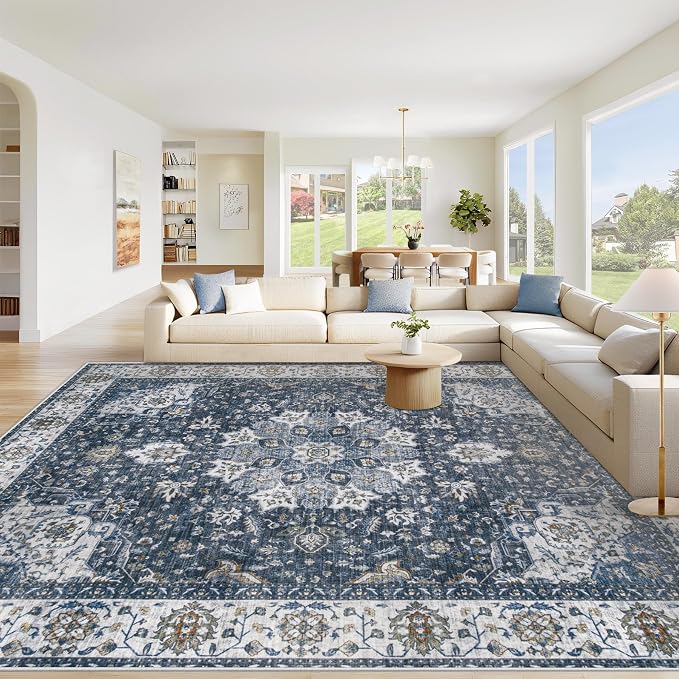Area Rug 8x10 Washable Rug, Vintage Boho Medallion Rugs Non-Slip Soft Low Pile Large Distressed Rug Indoor Retro Carpet for Living Room Bedroom Dining Room Home Office (Vintage Blue, 8'x10')