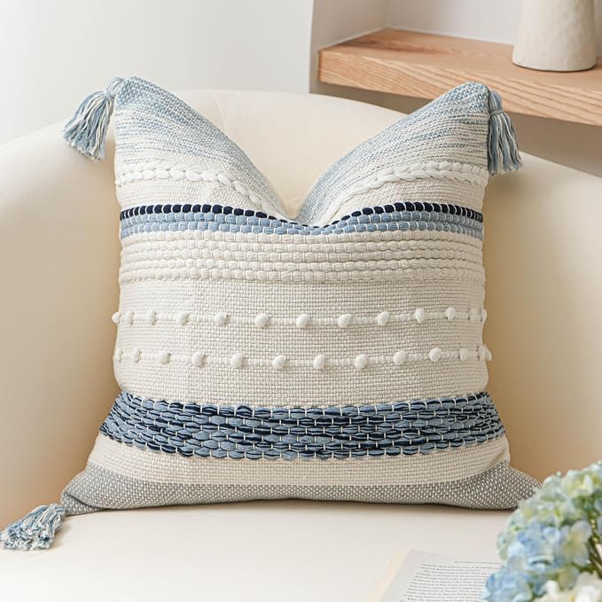 Coastal Blue Boho Decorative Throw Pillow Cover 22x22 Modern Bohemian Accent Pillow Case Square Woven Textured Farmhouse Pillows for Couch Bed (Pack of 1)
