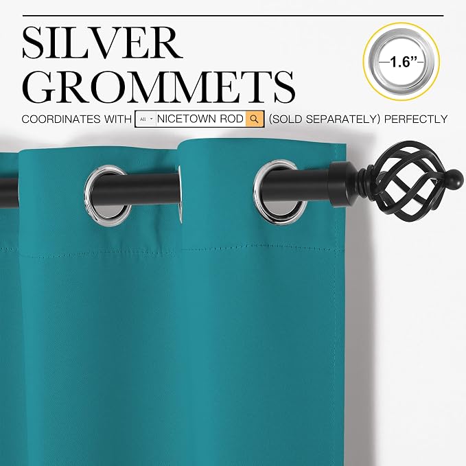 NICETOWN Room Darkening Curtains 63 inch Length 2 Panels, Thermal Insulated Grommet Blackout Curtains for Modern Casual Elegant Bedroom Kids Room Theme Decoration (Peacock Teal, 2 Pieces, W42) | Room Darkening Thermal Insulated Noise Reducing Grommet C...