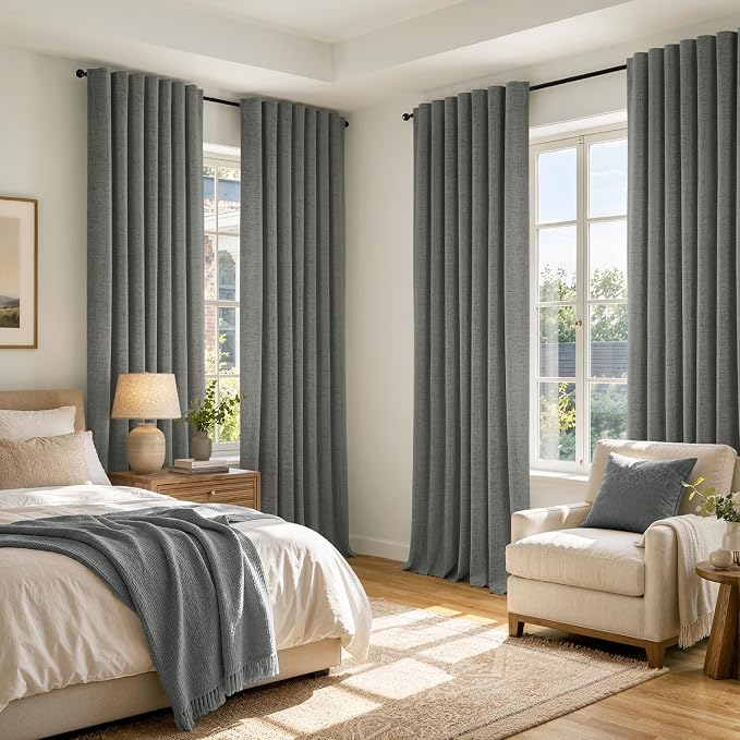 MIULEE 100% Blackout Linen Curtains 42 x 72 Inch Dark Grey 2 Panels | Thermal Insulated, Room Darkening Drapes for Bedroom Living Room, Back Tab Rod Pocket Pinch Pleated, Solid Luxury Decor