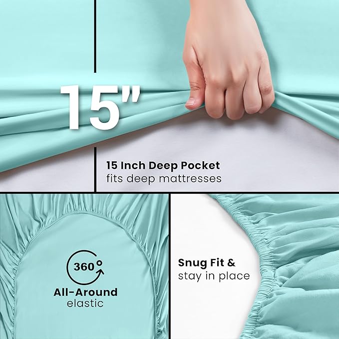 Full Fitted Sheet, Ultra Soft Fits Up to 16 Inch Deep Pocket, Spa Blue | Hotel Comfort, Cooling & Breathable Cotton like Polyester, Easy Fit, Wrinkle & Fade Resistant, Snug Fit, Easy Care, Oeko-Tex