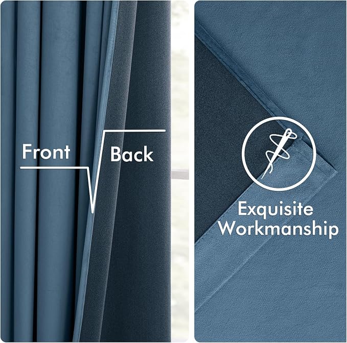 MIULEE Velvet Curtains 50W x 96L 2 Panels Stone Blue Blackout Curtains | Luxury velvet fabric, pinch pleat design, back tab hooks, thermal insulated, blackout light blocking, for living room bedroom
