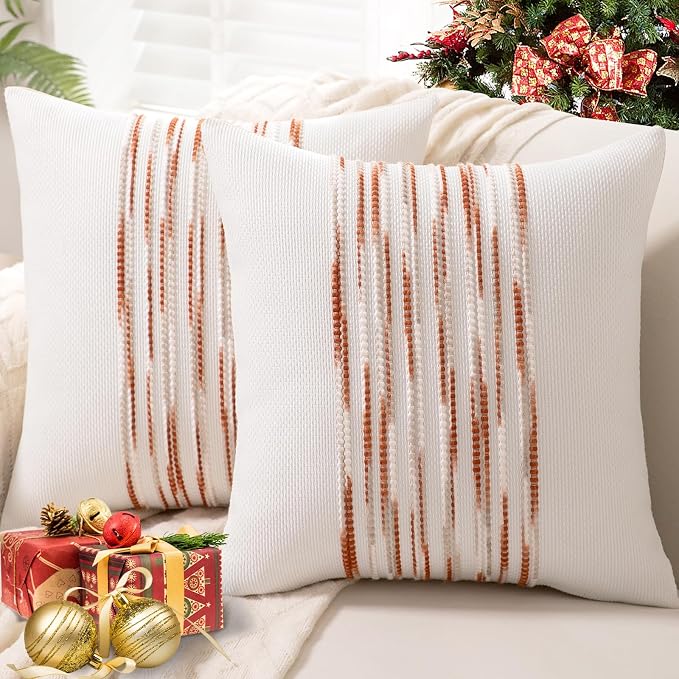 Boho Throw Pillow Covers Decorative Neutral Farmhouse Pillow case | 18x18 Set of 2 Cushion Case Striped Square Pillows Cover Couch Pillow Cases Accent Pillowcase for Sofa Bed,White Wine-red