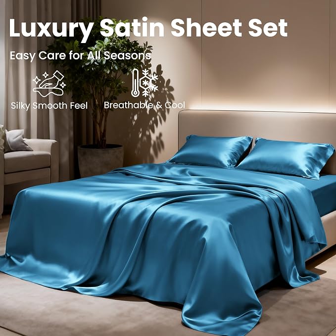 Love's cabin Satin King Sheet Sets - 4 Piece Teal Silky Sheets King Size Bed Set with Deep Pocket, Luxury Silk Feel King Size Satin Sheet Set (1 Flat Sheet,1 Fitted Sheet,2 Pillow Cases)