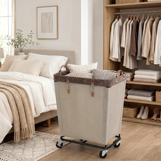 StorageWorks 210L Laundry Basket with Wheels, Rolling Hampers for Clothing | Large Light Kahki Laundry Basket with Wheels & Handles, Rolling Cart for Bedroom, Bathroom, Dorm, Hotel