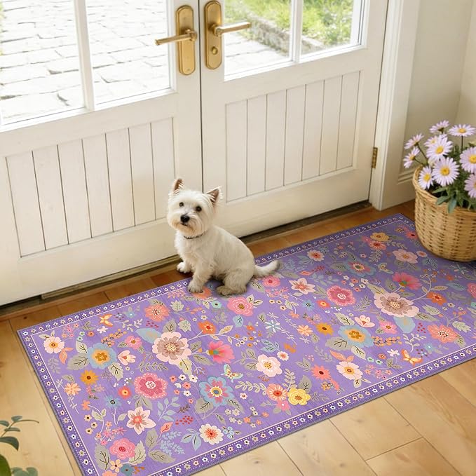 Floral Washable 2x5 Area Rugs Runner Entryway Hallway Purple/Pink | Flower Carpet, Print, Boho, Non-Slip, Easy to Clean, Low Pile, Soft, for Living Room Bedroom Kitchen Office Entrance