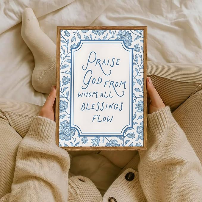 Framed Christian Wall Art, Bible Verse Praise God From Whom All Blessings Flow Pictures Wall Decor, Blue Floral Scripture Paintings Canvas Prints Religious Home Decor for Prayer Living Room 12x16 inch