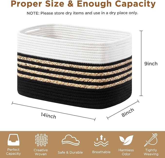 UBBCARE 4 Pack Baskets for Organizing, Woven Storage Baskets for Toys and Towel, Rectangle Cotton Rope Basket with Handles, 14''L x 8''W x9''H, Black