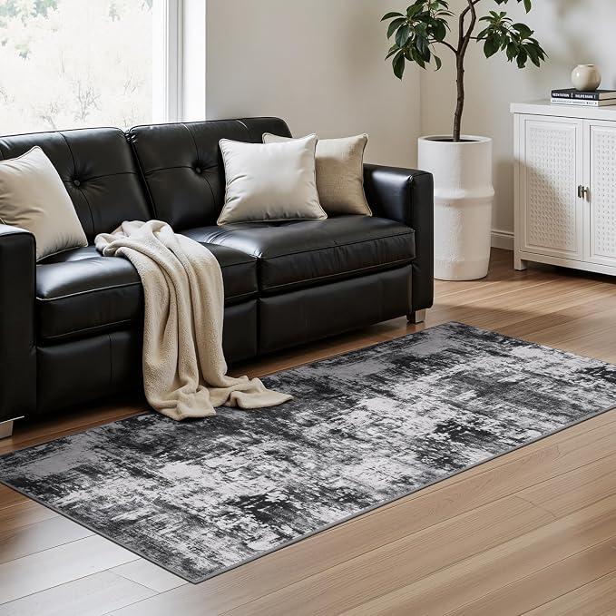 Rugflix 2x6 Runner Rug for Hallway, Washable Black Grey Kitchen Runners | Machine Washable; Stain-Resistant; Low Pile; Non-Slip; Modern Abstract; Carpet for Bedroom Bathroom Laundry