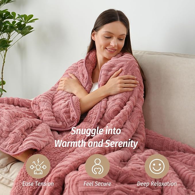 Fleece Weighted Blanket 15 lbs, Queen Size 60" x 80" Apricot Pink | Sherpa Heavy Blankets, Adults Jacquard Knitted Throw for Better Sleep and Relaxing, Comfort Fluffy Cozy Warm Chunky Soft