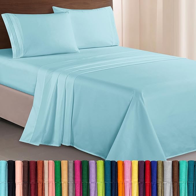 Elegant Comfort Luxurious 1500 Premium Hotel Quality Microfiber Three Line Embroidered Softest 4-Piece Bed Sheet Set, Wrinkle and Fade Resistant, Full, Aqua Blue