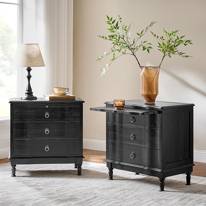 HULALA HOME Solid Wood End Table Set of 2 with Charging Station, 3 Drawer End Table with Pull-Out Tray, USB & Type-C Ports, Traditional Curved Front Accent Side Table for Living Room Sofa, Charcoal