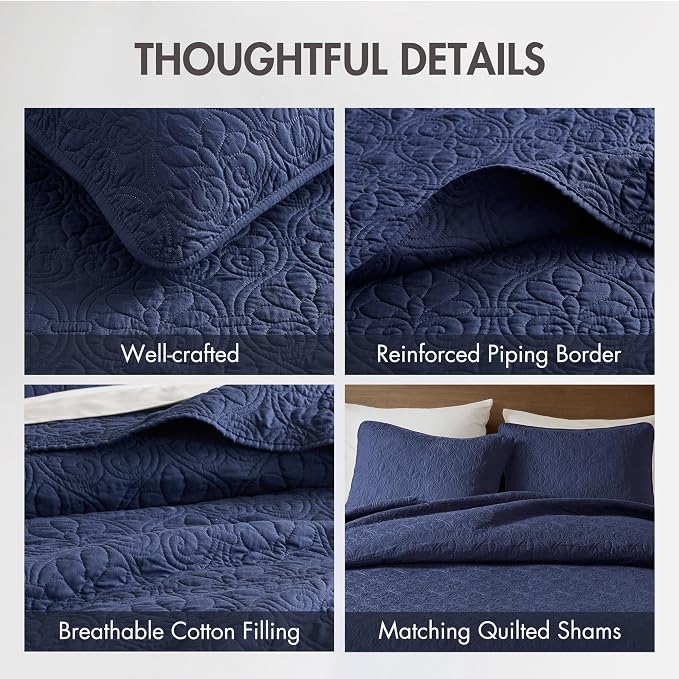 Madison Park Queen Quilt Bedding Set, Cottage-Inspired Damask, 3PC | All Season Quilted Coverlet, Classic Stitch Pattern Bedspread & Shams, Ultra Soft Microfiber Bedspread Set, Navy