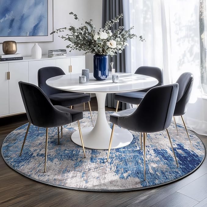 RELEANY Washable Round 6ft Area Rug for Living Room Blue Gray | Carpet for Bedroom, Kitchen, Office, Hallway and Entryway, Printed Pattern, Non‑Slip, Soft, Stain‑Resistant, Easy to Clean