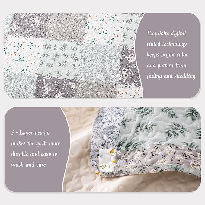 Whale Flotilla Patchwork Quilts Twin Size, Extra Soft Floral Bedspreads | Grey Reversible Lightweight Twin Quilt Bedding Set for Bed, Printed Coverlets with 1 Pillow Sham for All Seasons