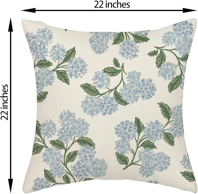 Spring Pillow Covers 22x22 Inch 2 Pcs Navy Blue Sage Green Hydrangea Flower Decor Throw Pillows Vintage Floral Seasonal Summer Outdoor Decoration Pillowcase Linen Cushion Cover for Couch Sofa
