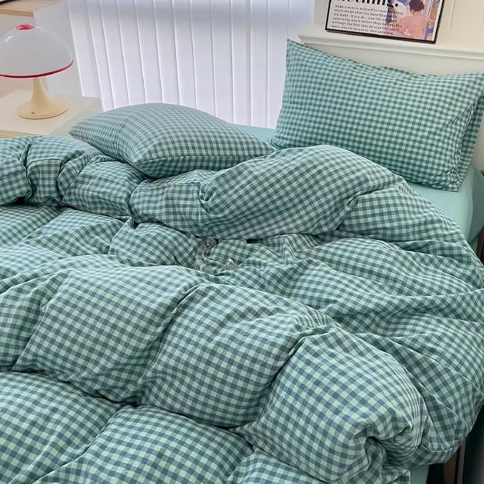 LifeTB Twin XL Comforter Set Green Gingham Comforter for Men Boys Geometric Plaid Comforter Set Fluffy Soft Plaid Gingham Bedding Set Green Blue Grid Checkered Pattern Comforter with 2 Pillowcases