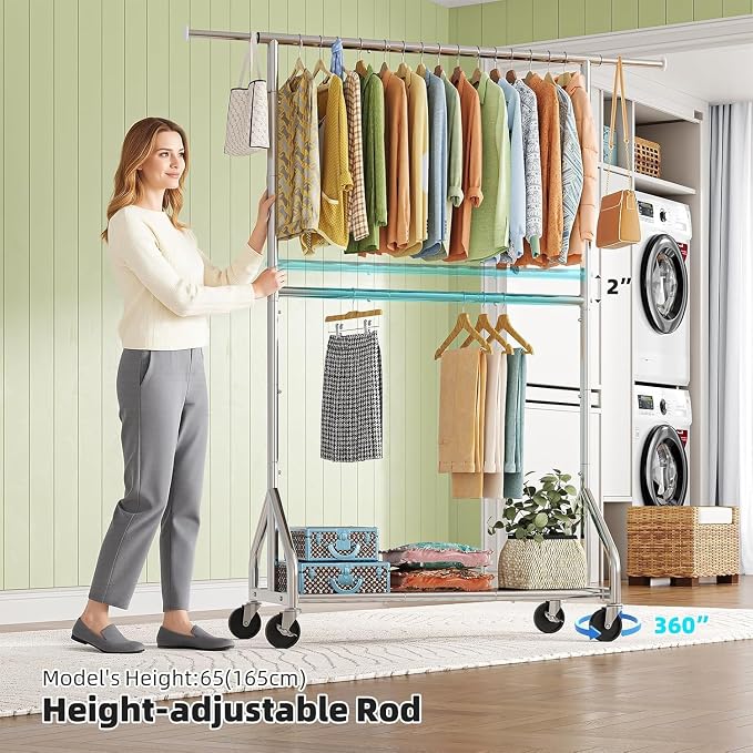 Simple Trending Double Rod Clothing Rack, Heavy Duty Clothes Rack, Chrome | Extendable Garment Rack, Freestanding Portable Closet with Wheels & Shelf, Adjustable Middle Rod, for Bedroom, Laundry
