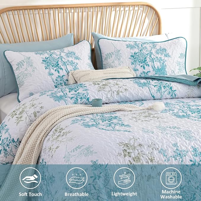 WONGS BEDDING Floral Quilt Set Full, 3 Pcs Teal Bedspreads Coverlets | Spring Summer Floral Farmhouse Bedspread with 2 Shams,Soft Microfiber Lightweight Coverlet for All Season 78"×90"